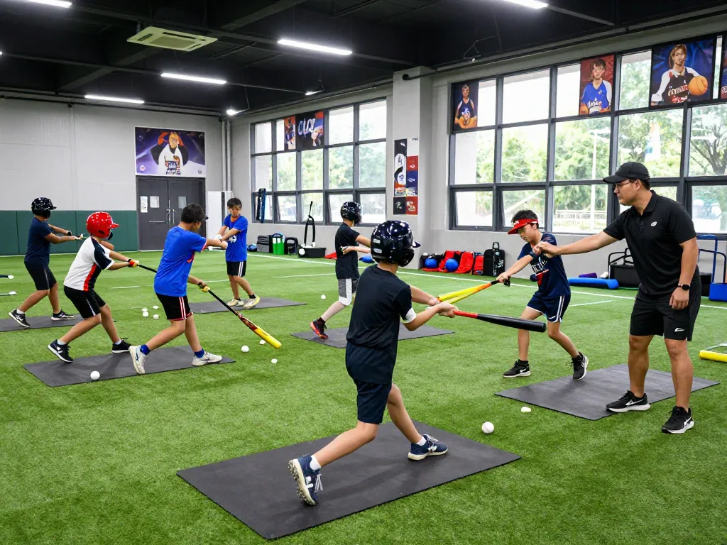 Young athletes training at hitclub baseball facility with coaches offering guidance.