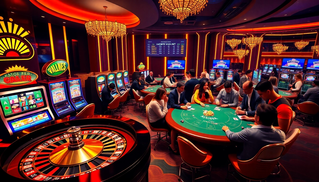 Exciting casino atmosphere featuring slot machines and poker players at luckywin.uk.net.