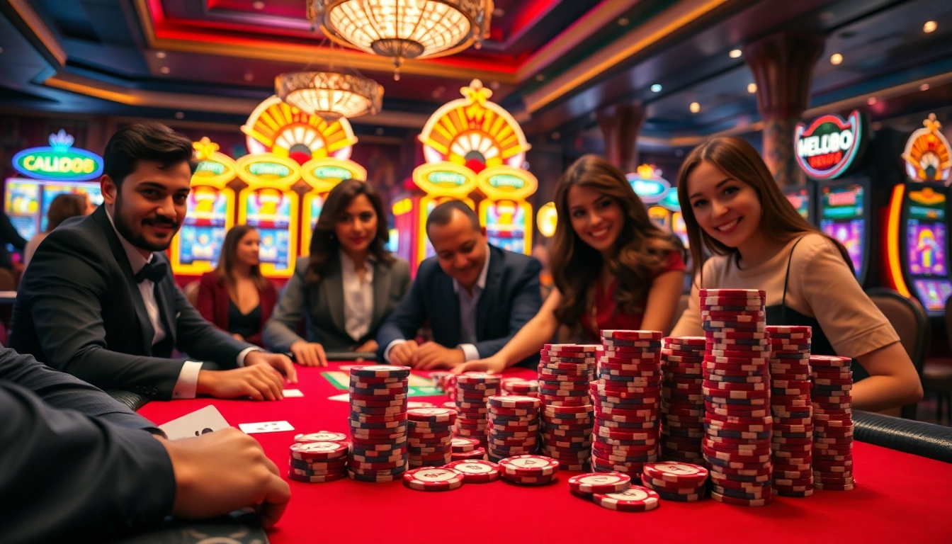 Players engaging in a thrilling card game at Hello88, reflecting excitement in a vibrant casino.