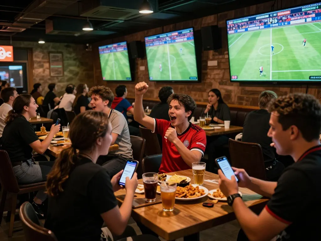 Fans celebrating as they check the kết quả bóng đá on their phones during a live match at a sports bar