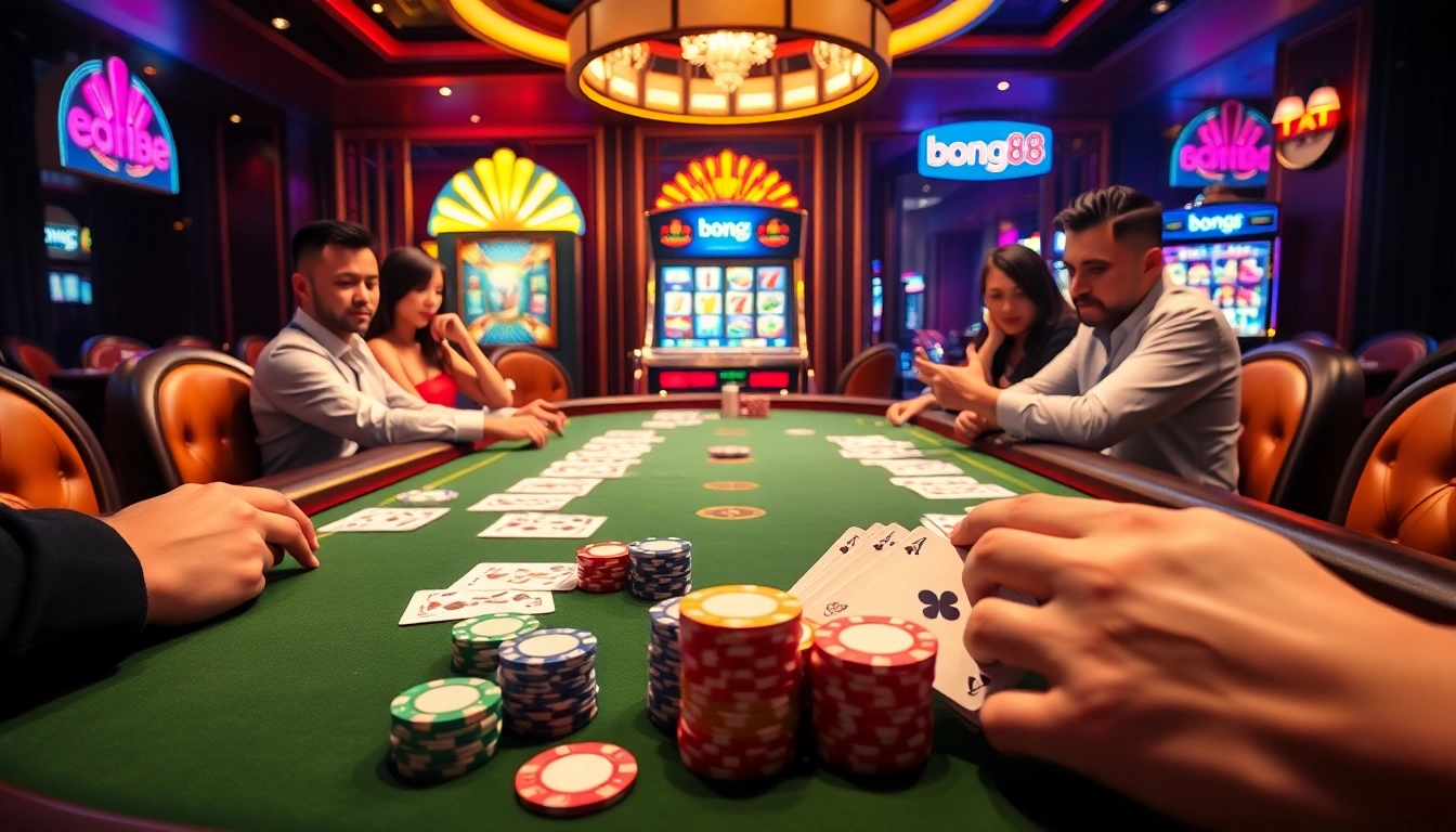 Experience high-stakes excitement at bong88 poker tables, with vibrant chips and cards ready for play.