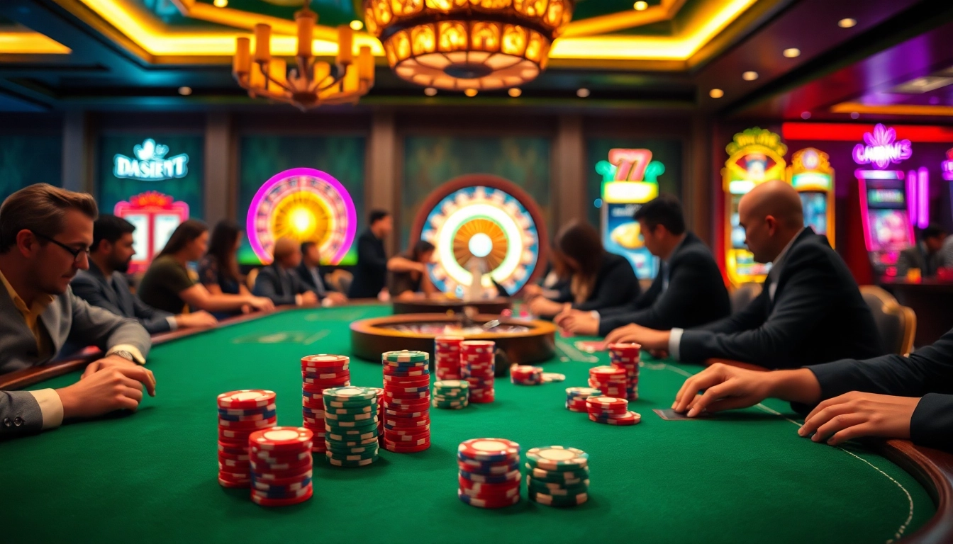 A captivating gaming scene from https://mm88.moe/ featuring players strategizing at a poker table amidst colorful casino elements.