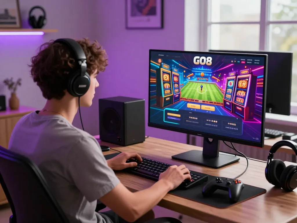 Engaged gamer playing on desktop showcasing GO8 online casino platform in vibrant home office.