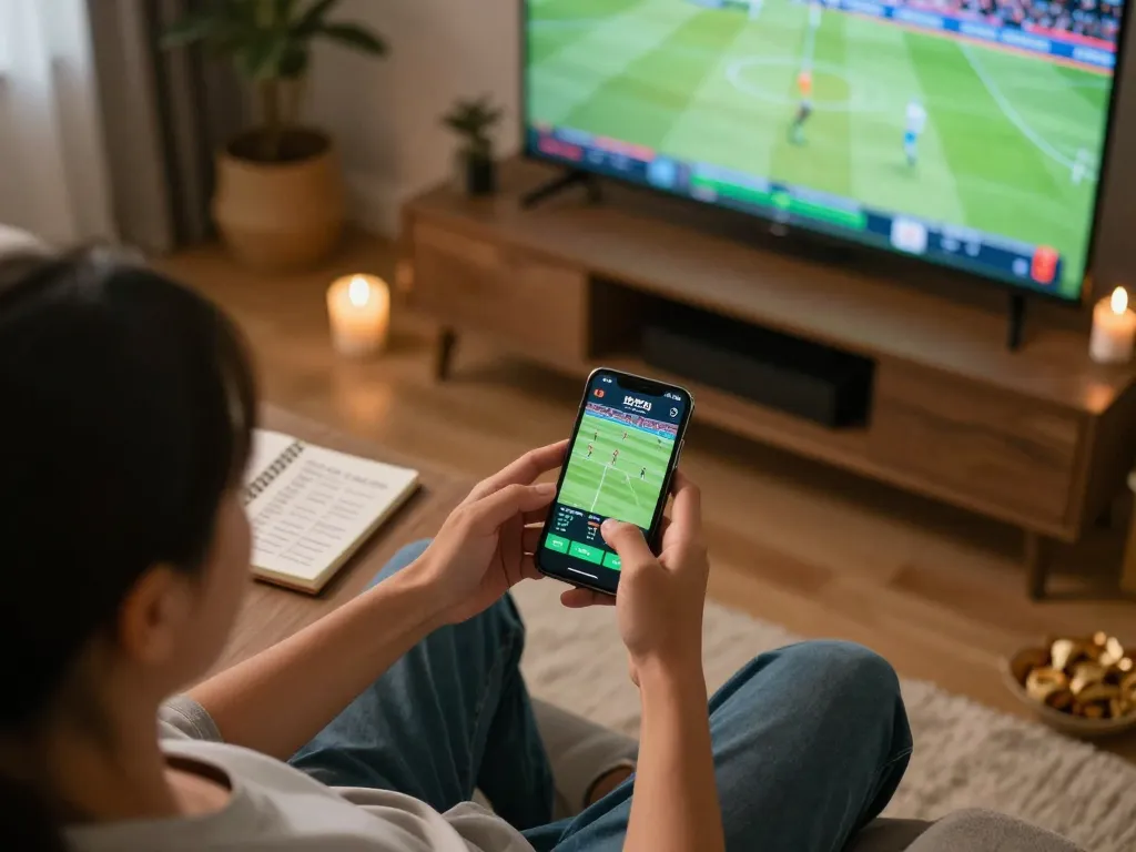 Engaging online sports betting experience on smartphone with vsbet interface in cozy living room.