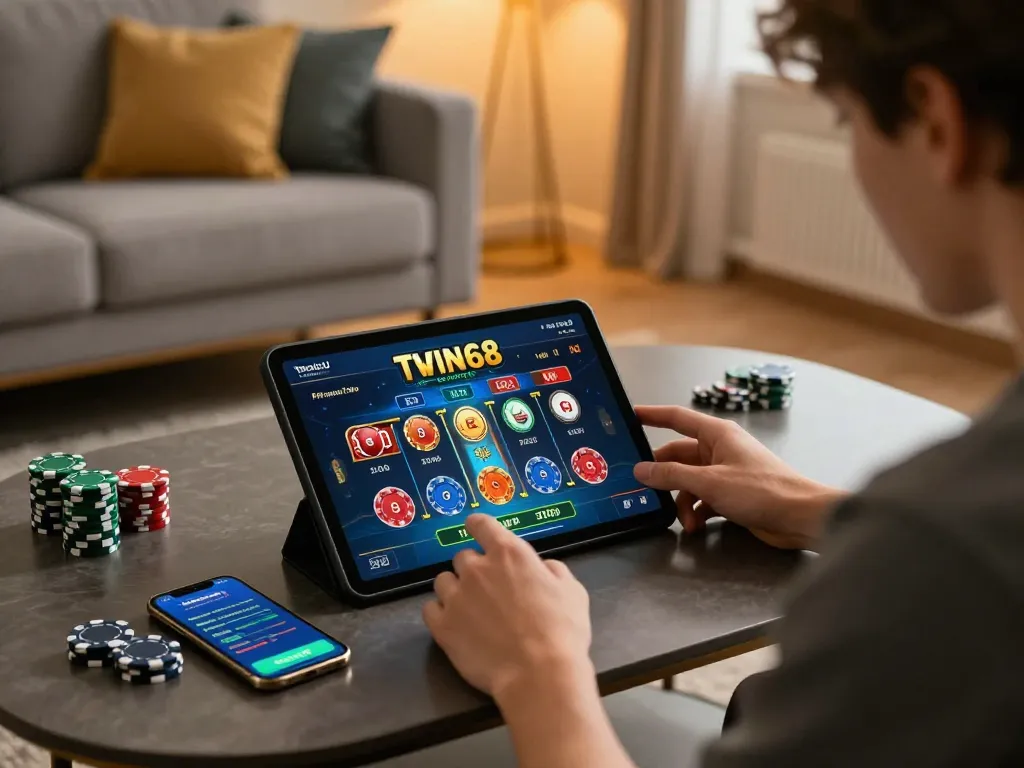 Person engaging with the twin68 app on a tablet, immersed in online gambling at home.
