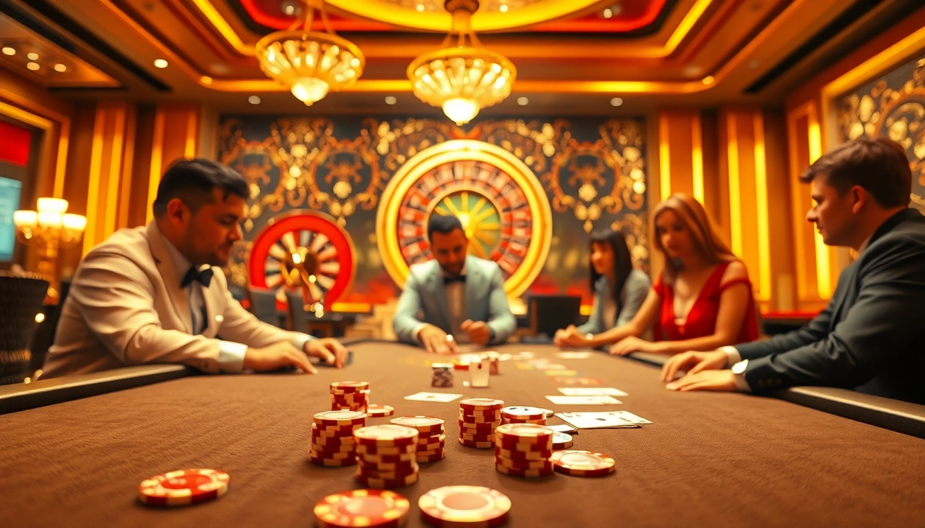 A thrilling scene at nhà cái gg88, showcasing players enjoying a high-stakes poker game with vibrant lighting and dazzling casino elements.