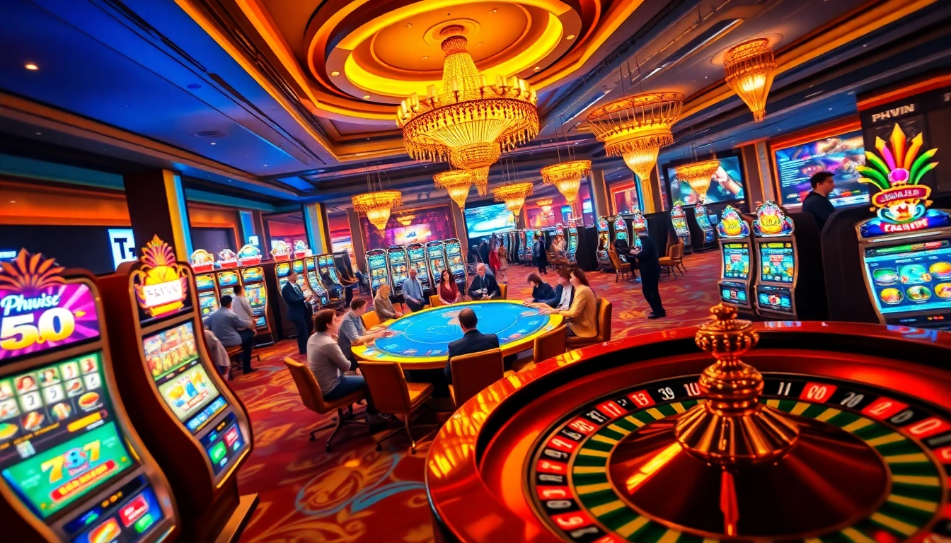 PHWIN casino thrill with players engaging at energetic gaming tables and vibrant slot machines.