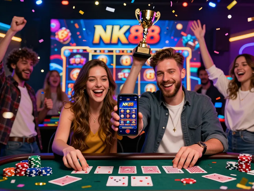 Celebrating friends enjoying NK88 online gaming excitement with vibrant casino backdrop