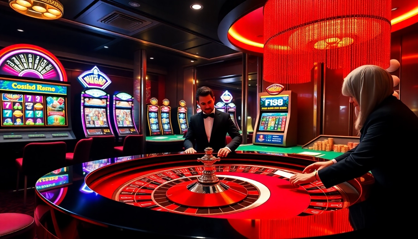 Engaged players enjoying high-stakes gambling at F168 casino with vibrant roulette and poker action.