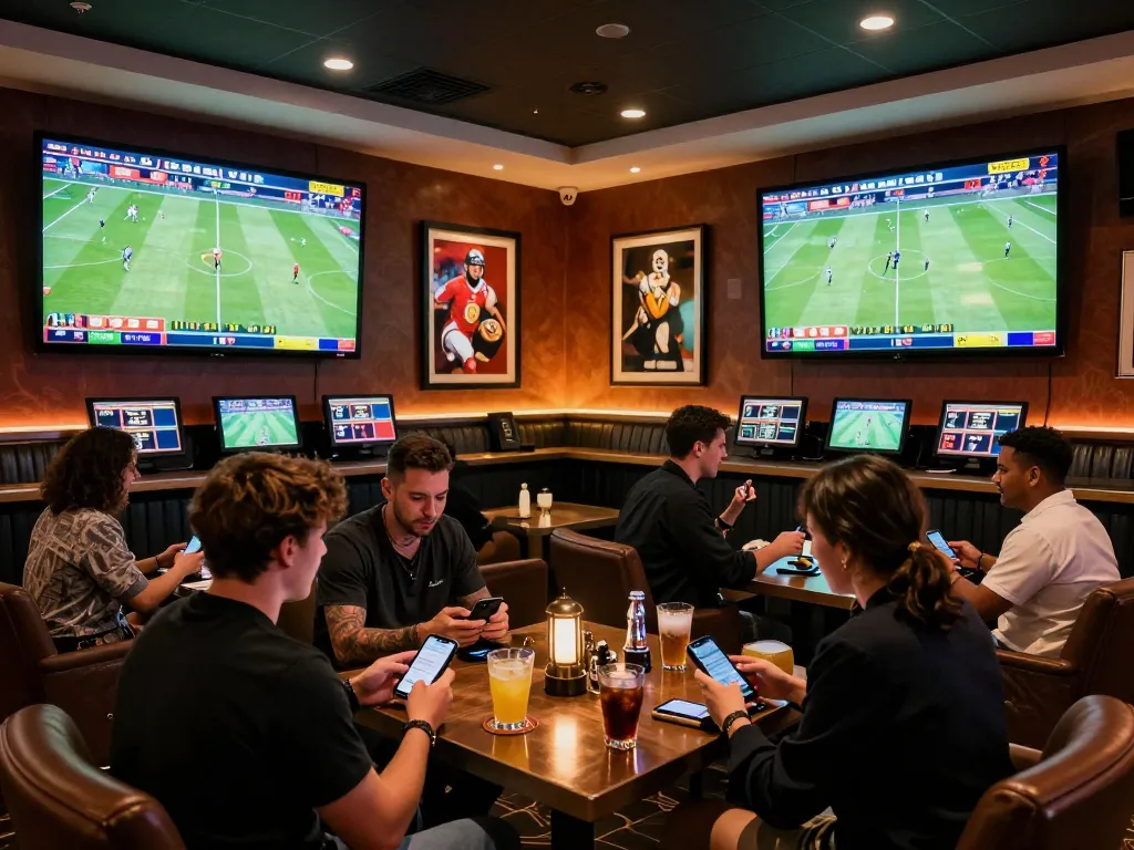 Gamblers placing bets in a vibrant lounge setting, showcasing keo nha cai action during live sports events.