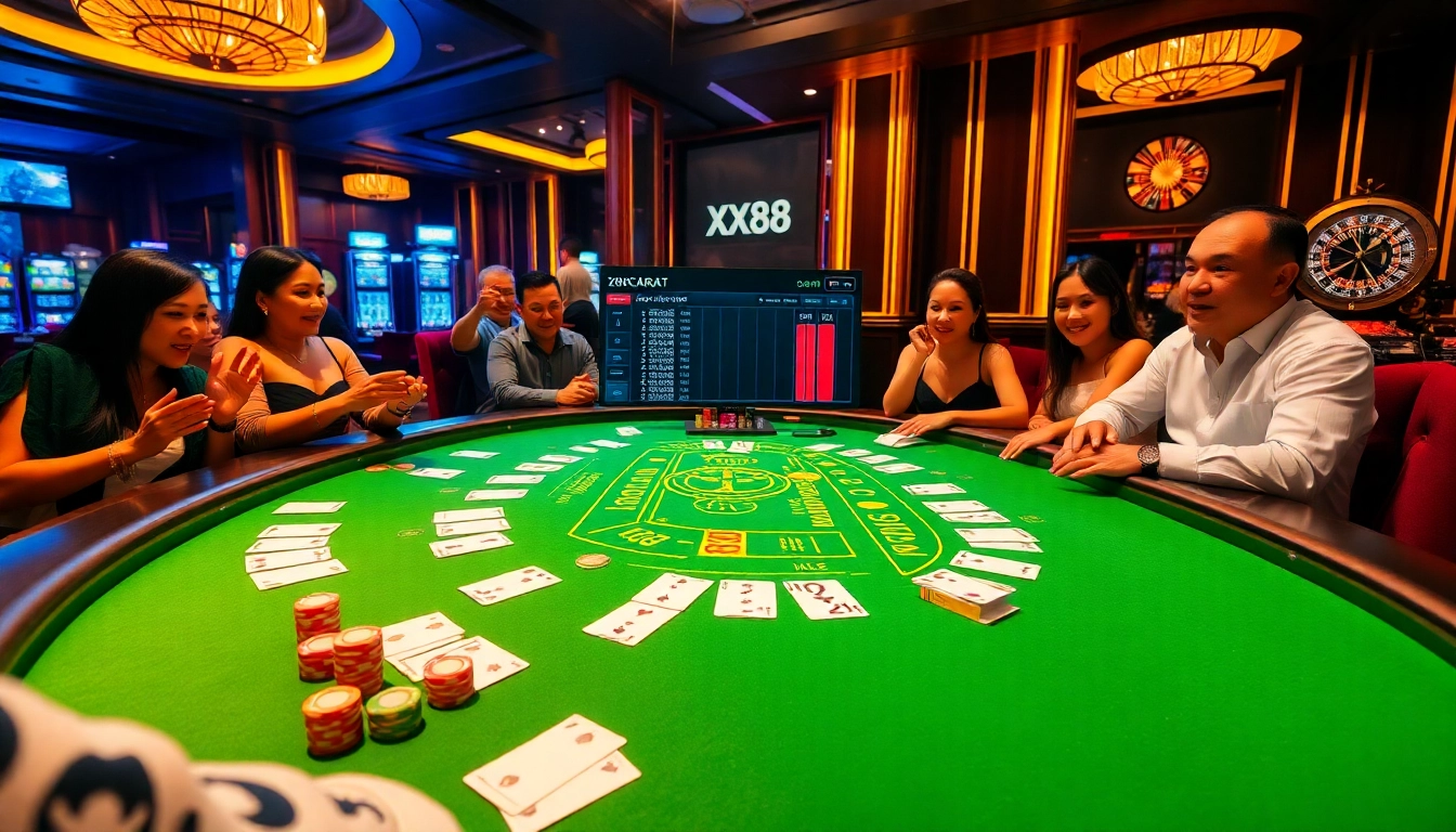 Action-packed baccarat game at XX88 casino, showcasing vibrant chips and betting slips.