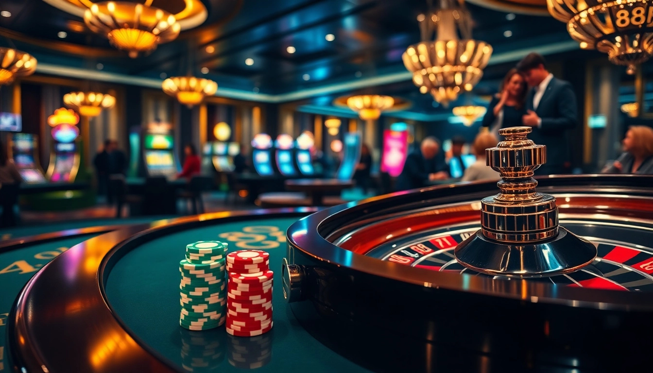 Exciting 888P casino scene with roulette, poker chips, and players immersed in games.