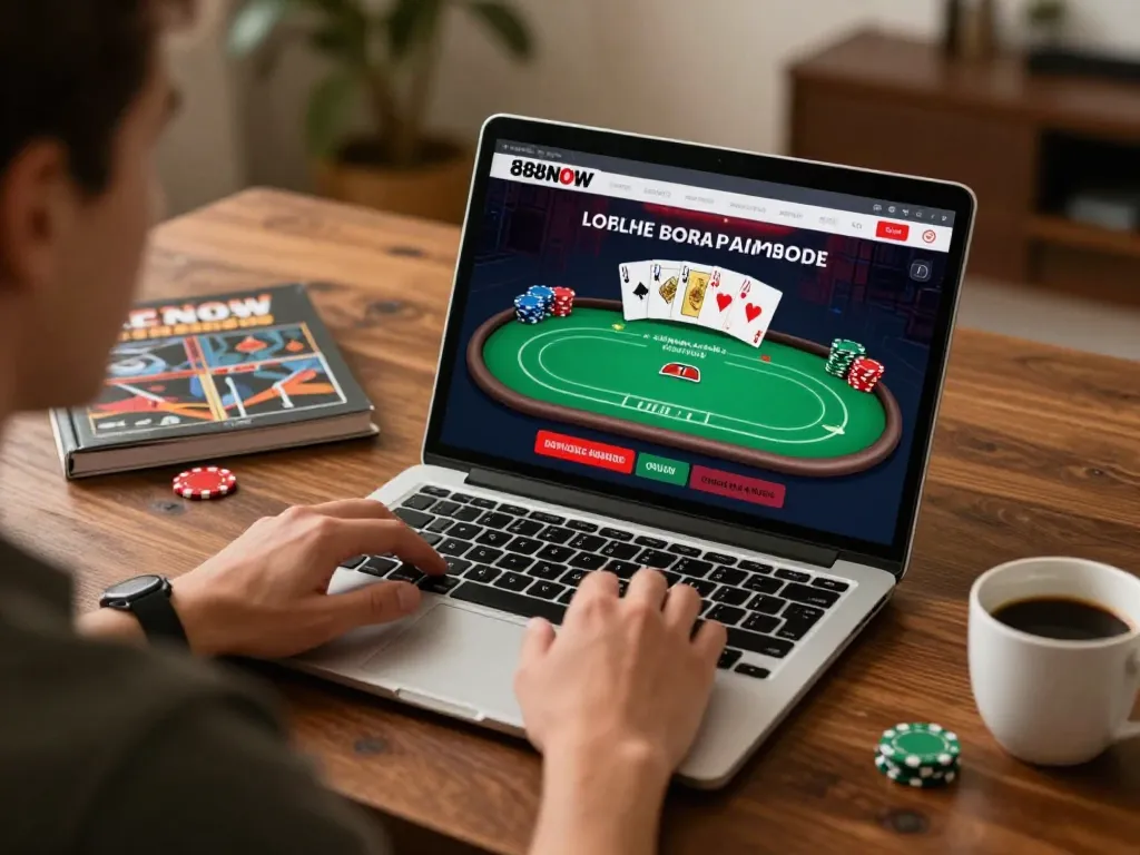 Player using 888NOW for online gaming at home with a poker interface visible