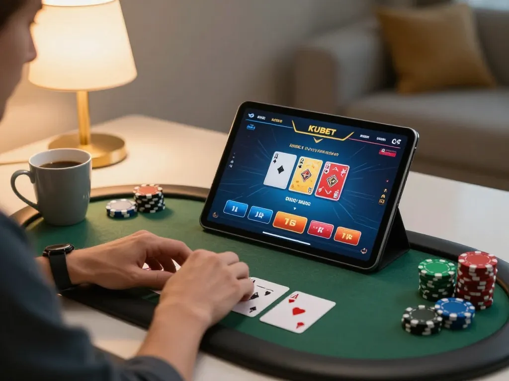 KUBET online poker gameplay on a tablet with vibrant cards and chips displayed.