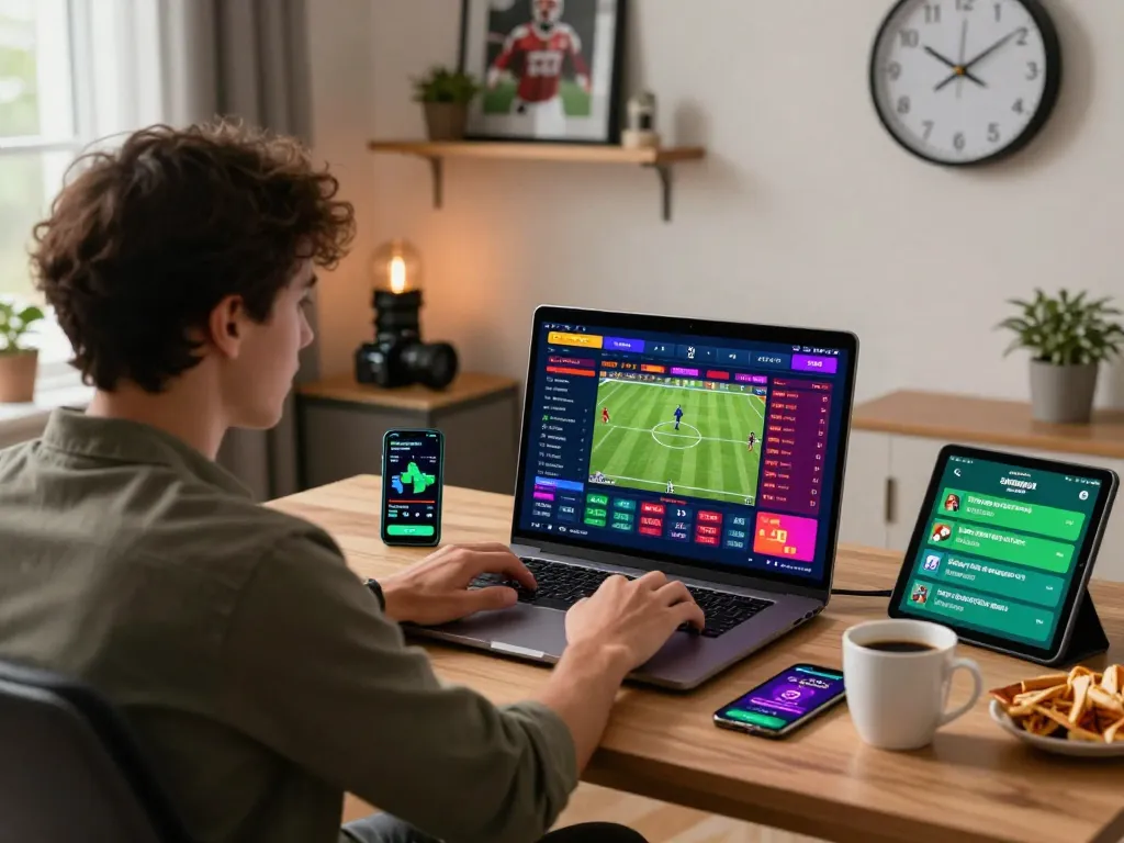 Engaged user at home betting online with rikbet on laptop and mobile devices.