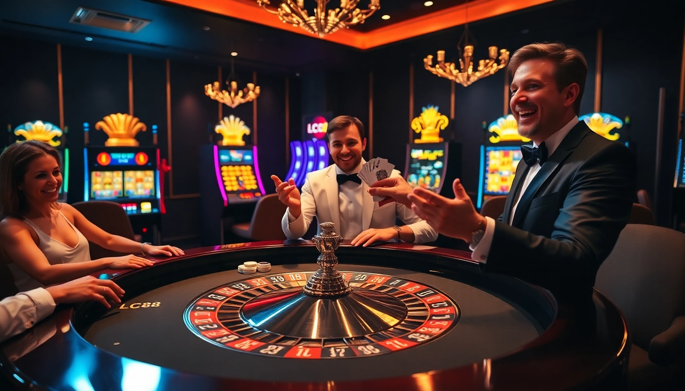 Experience the thrill of lc88 at a luxurious casino roulette table surrounded by excited players.