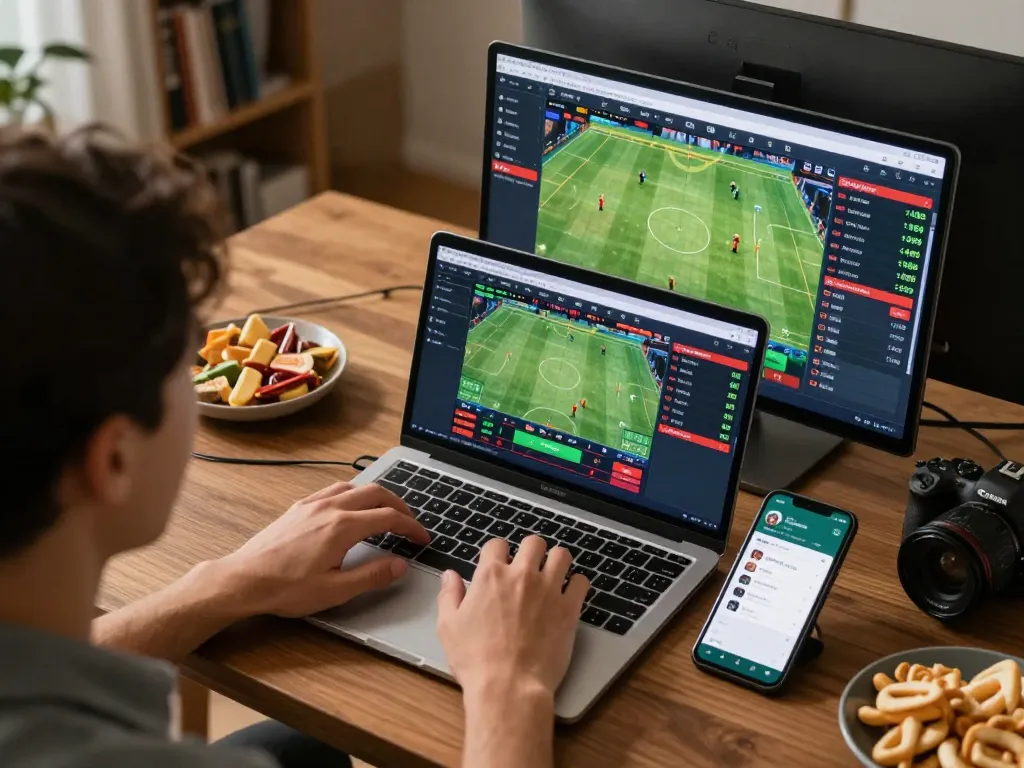Engaged user analyzing live sports statistics and placing bets on atq com for an exciting home gaming experience.