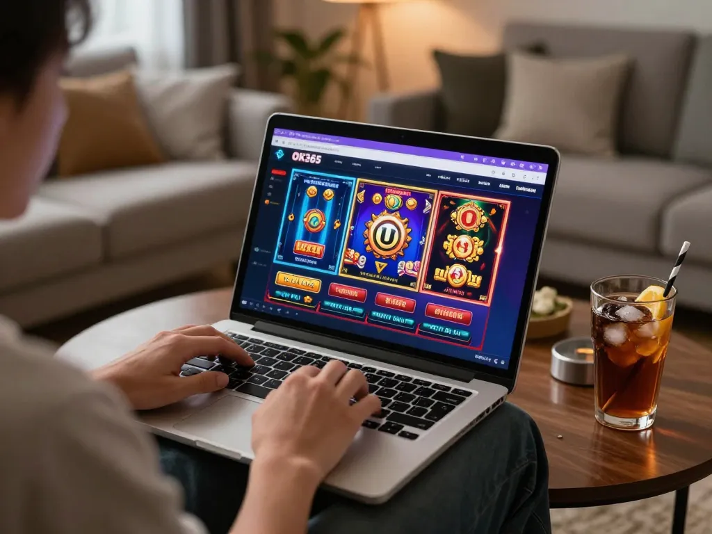 Engaging player enjoying online slot games at OK365 in comfortable home setting, showcasing interactive gaming experience.