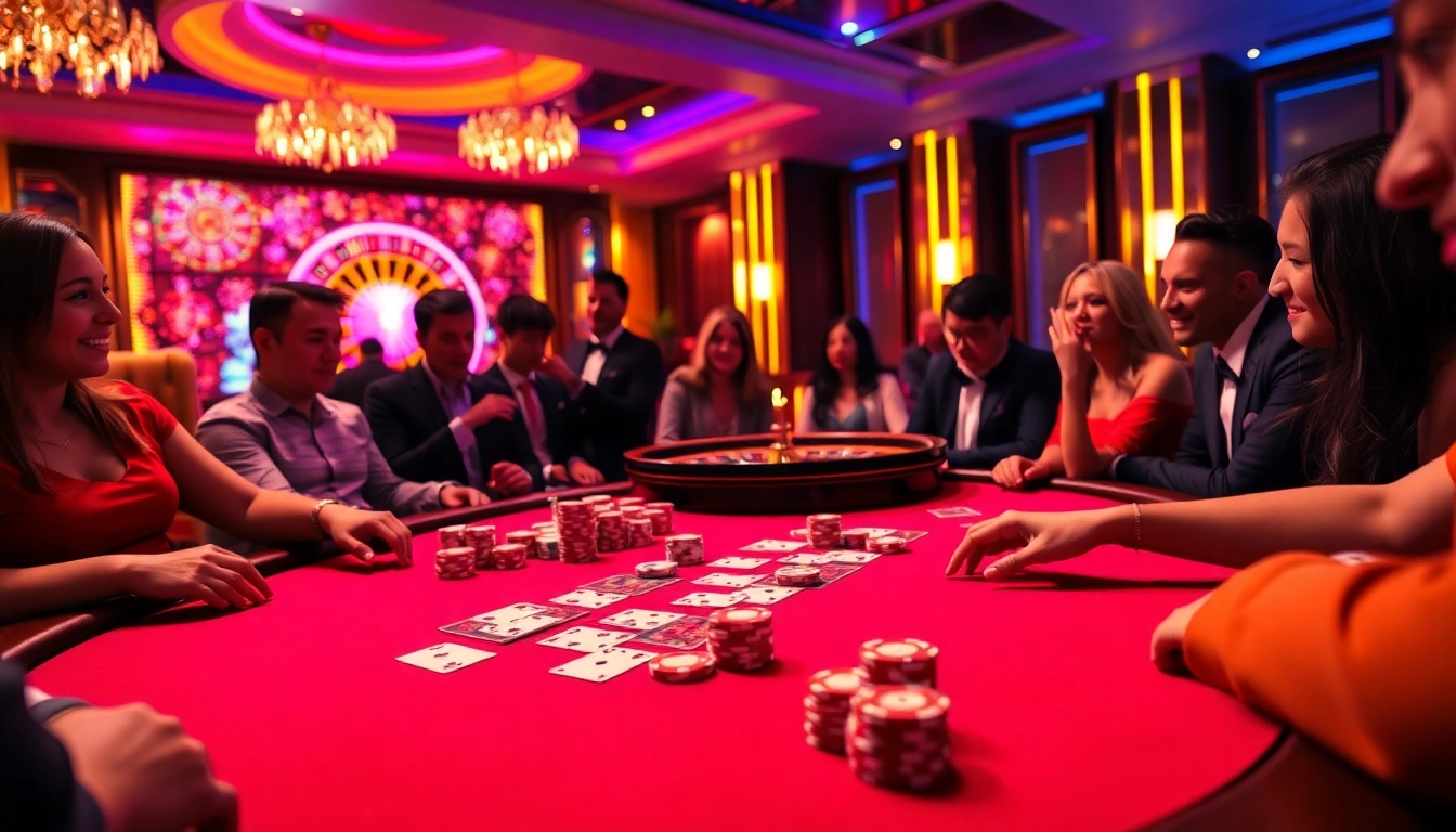Exciting poker game at https://jtg88.com/ featuring vibrant chips and atmospheric casino ambiance.