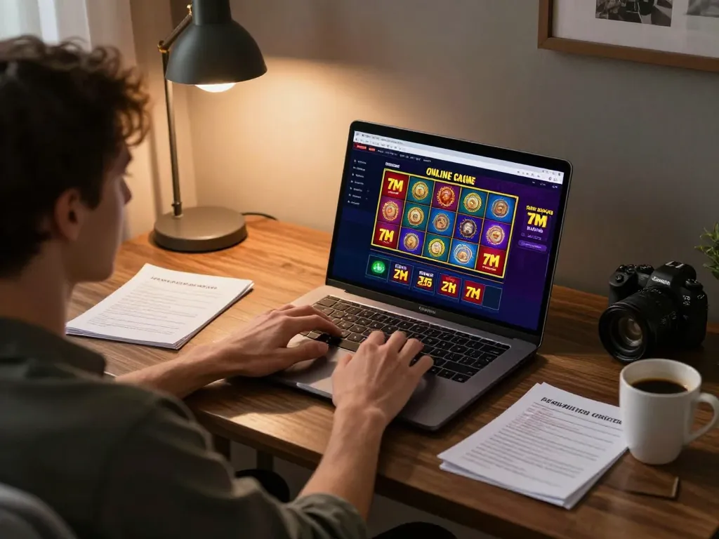 Engaging with the 7M online casino interface, showcasing strategic online gaming at home.