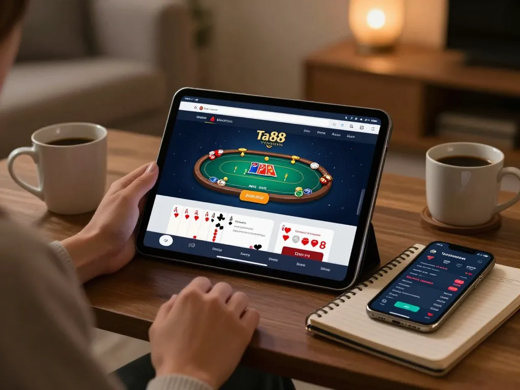 Player engaging with ta88 casino app on tablet in cozy home setting, showcasing online gaming.