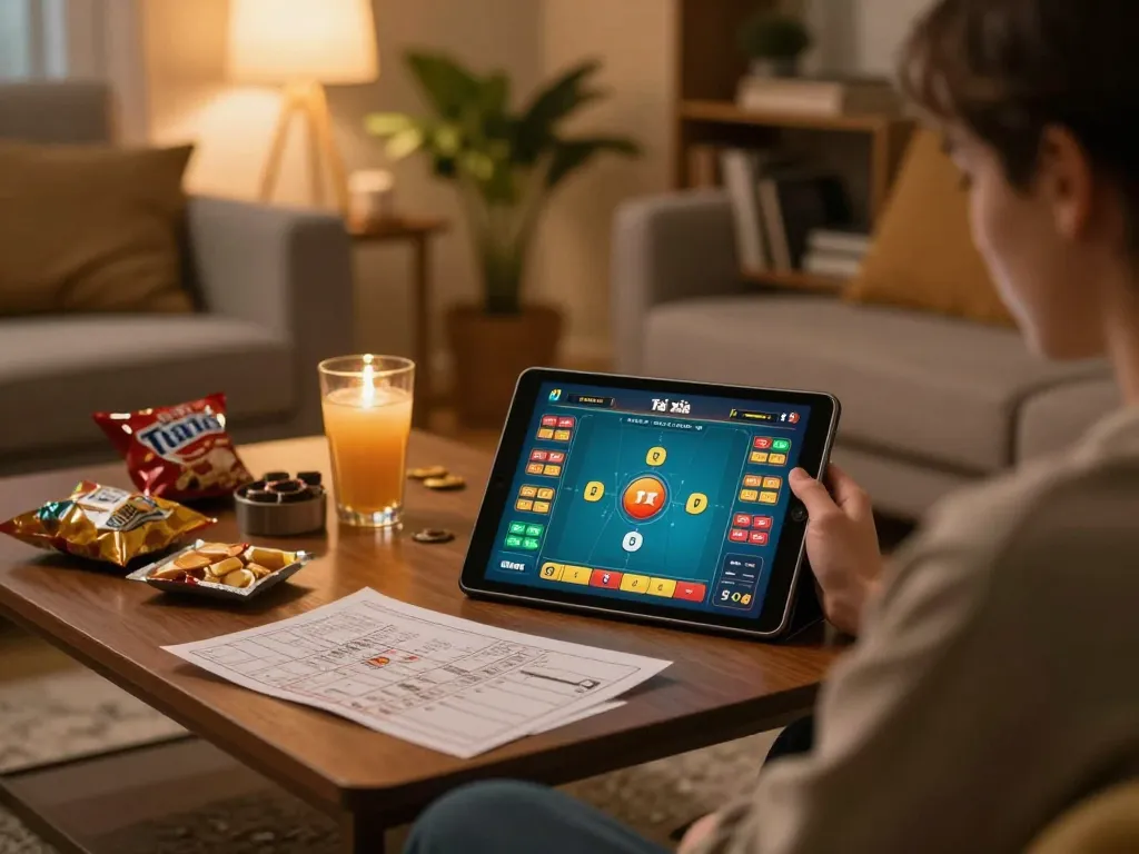 Tài xỉu online gameplay at home, person engaging with tablet, showing gaming interface