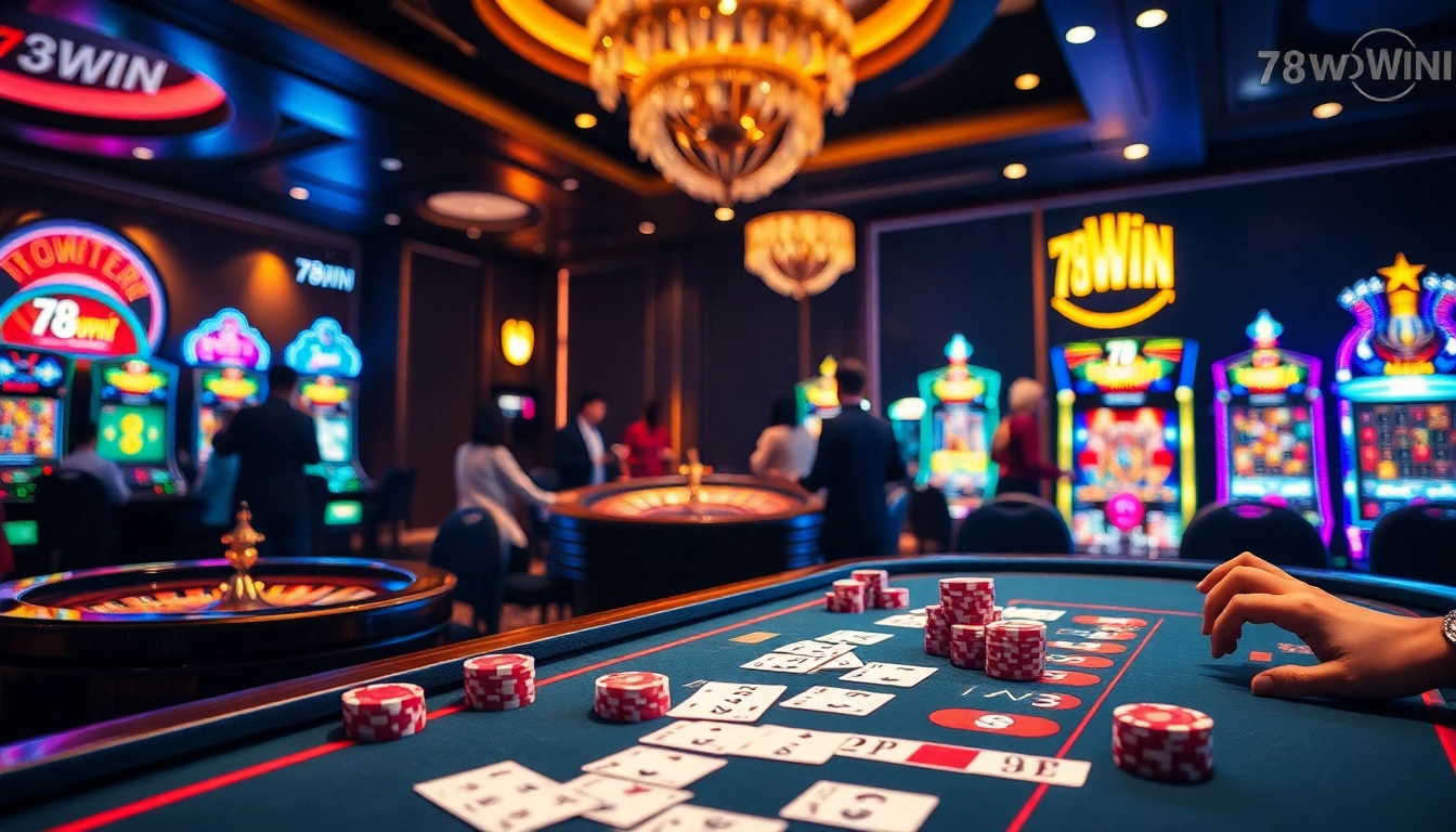 Players enjoying the thrilling games at 78WIN casino, showcasing vibrant poker and roulette action.