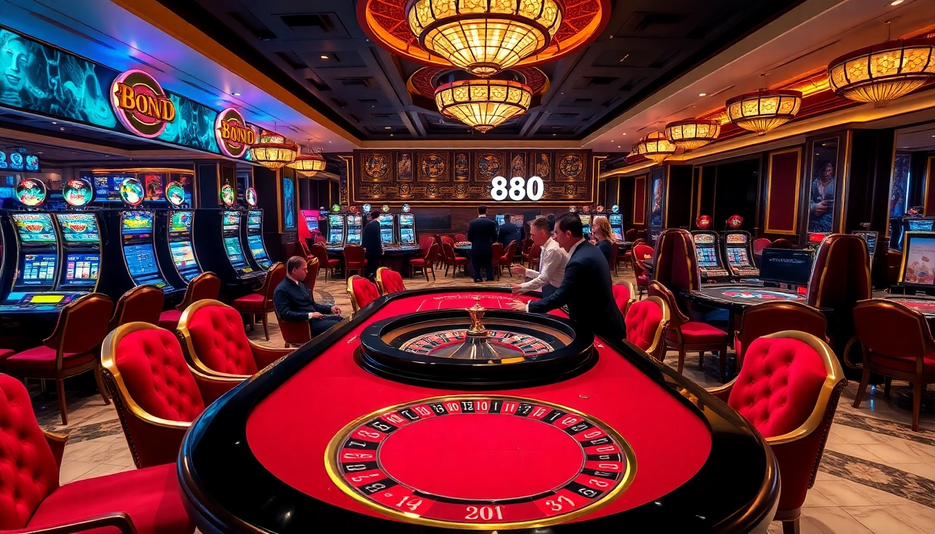 Experience high-stakes excitement at 888VND casino with luxurious game tables and vibrant slot machines.