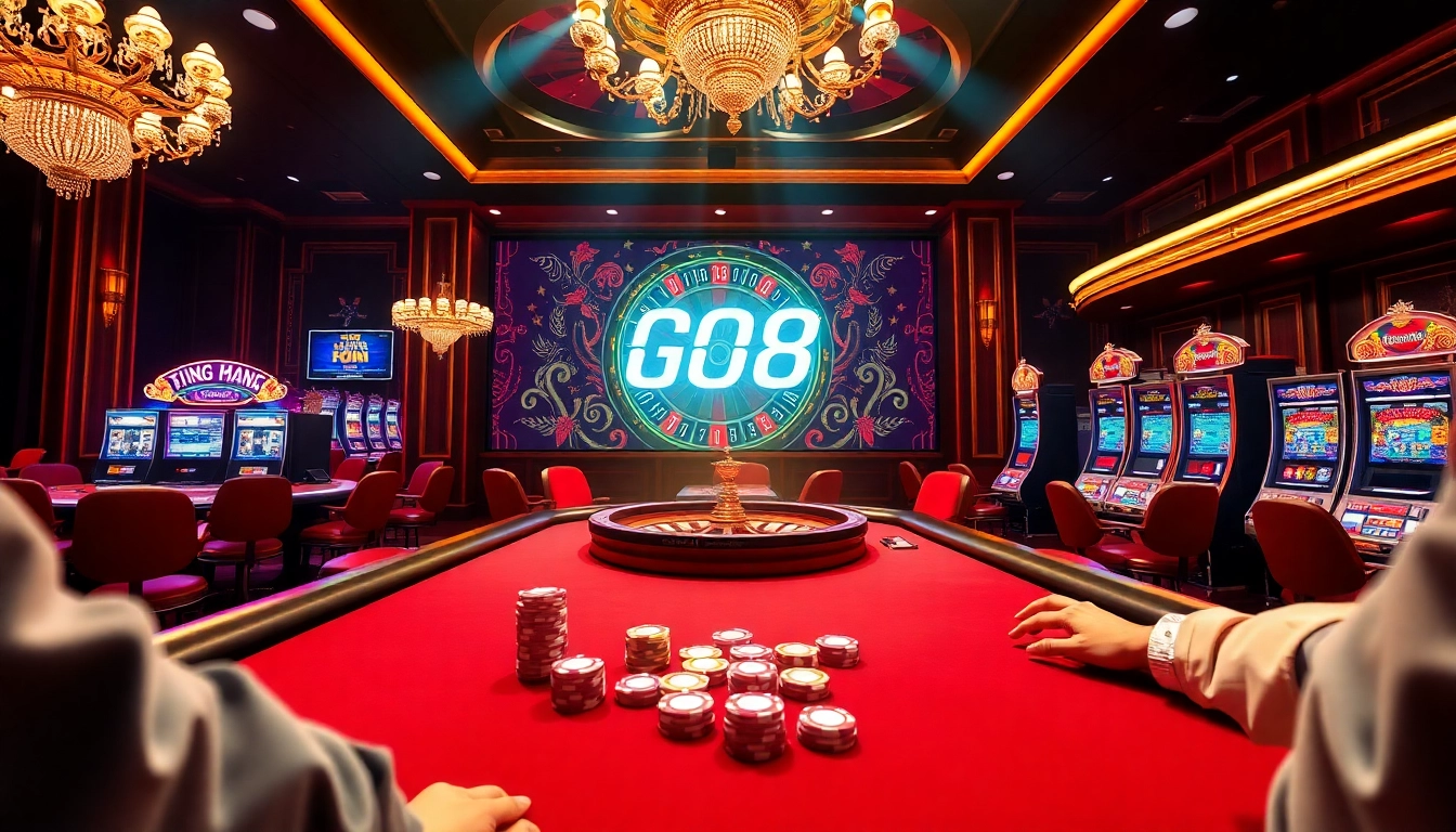 Exciting GO8 TRANG CHỦ casino scene with players at poker tables and vibrant slot machines.