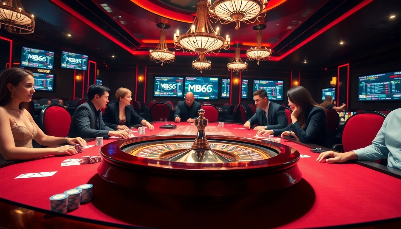Engaging players at a casino table with MB66 poker chips and cards in a luxurious setting.