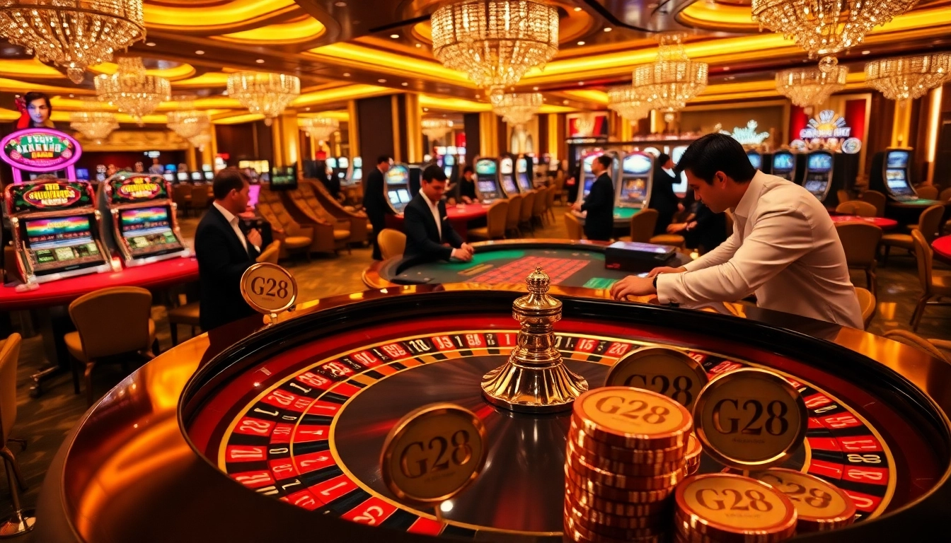 Exciting gambling scene showcasing G28 branding with roulette, poker, and slot machines.