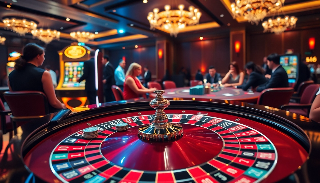 A high-stakes gaming scene at https://n188.bid/ featuring a roulette table and excited gamblers placed in a luxurious casino atmosphere.