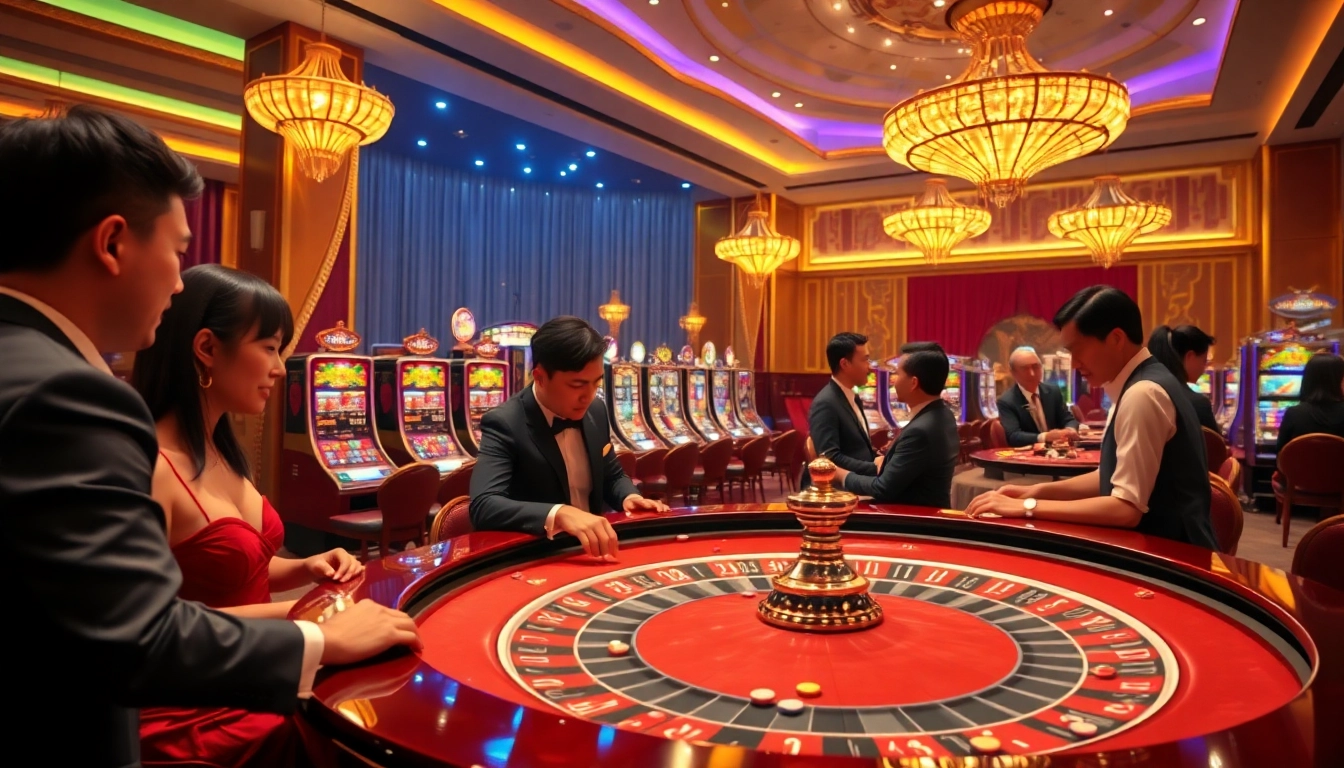 Daga casino scene featuring players excitedly betting at a roulette table with luxurious decor.