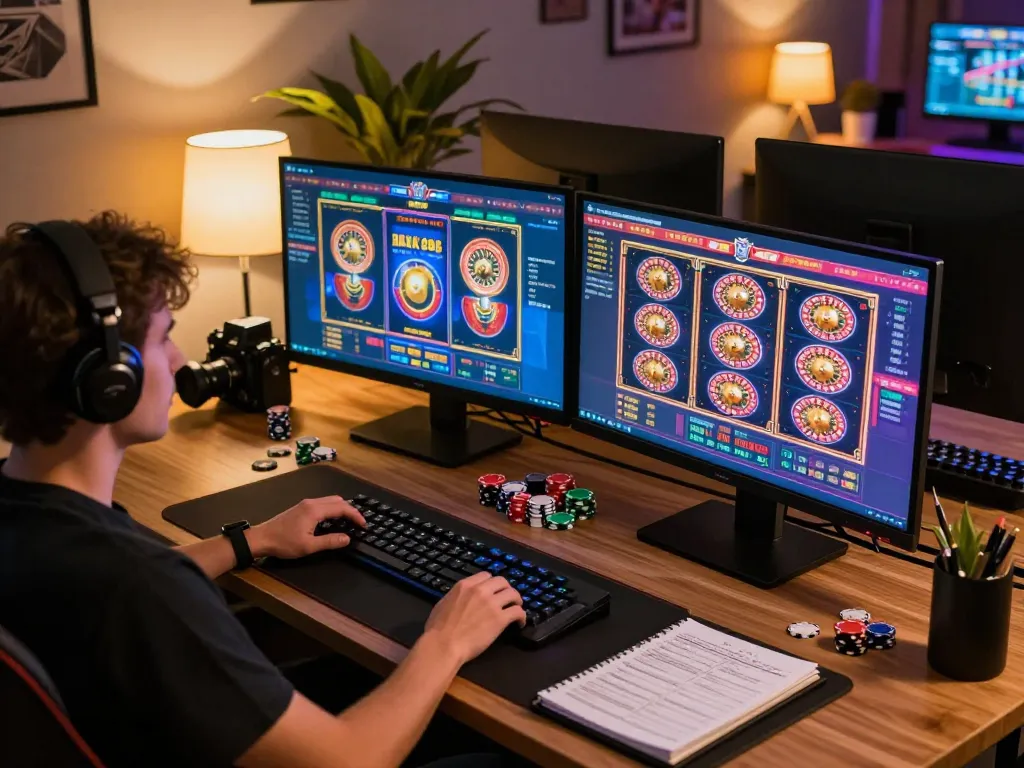 Player strategizing online gaming at home with FC88 casino interface visible on screens