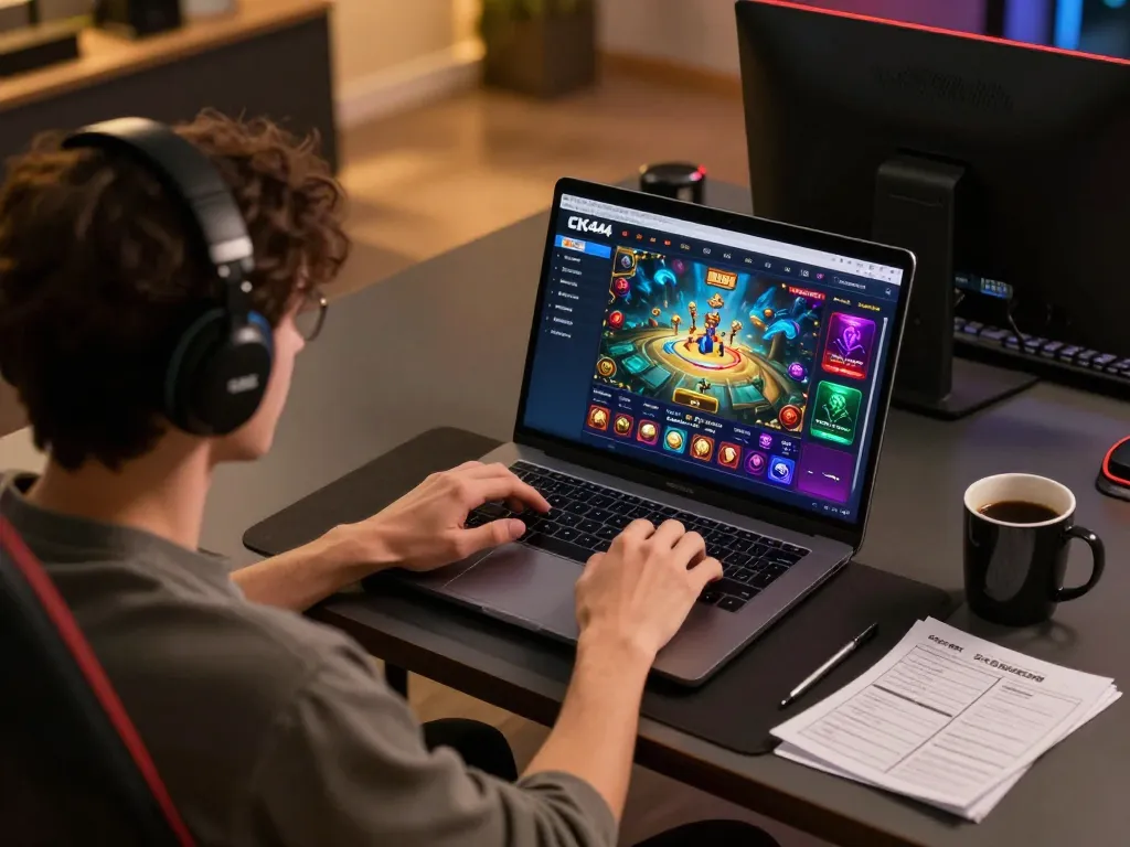 Engaged player using ck444s.net interface at home desk for strategic online gaming