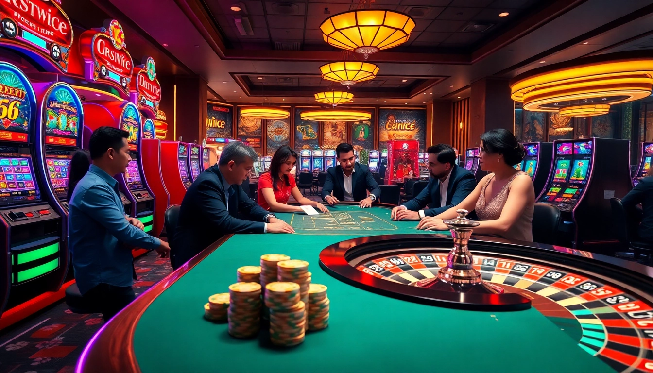 Exciting gambling scene at gg88 com featuring players at a poker table surrounded by vibrant slot machines and roulette.