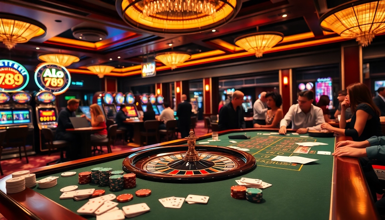 Alo 789 casino ambiance with exciting poker action and vibrant roulette table, capturing high-stakes thrills.