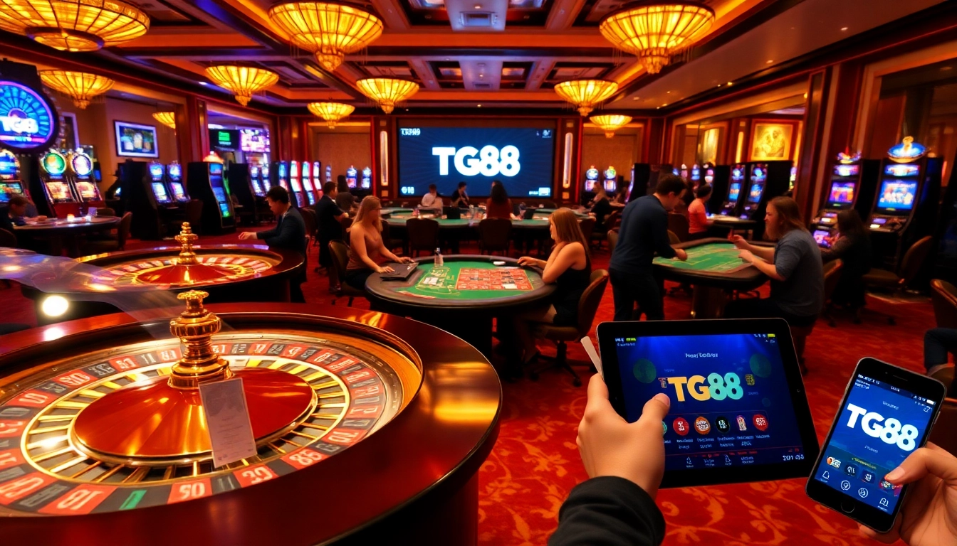 Excited players enjoying games at a luxurious casino featuring TG88 branding and vibrant gambling elements.