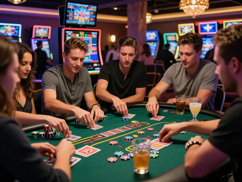 Exciting bomwin gaming table scene with friends enjoying card games in a lively casino atmosphere.
