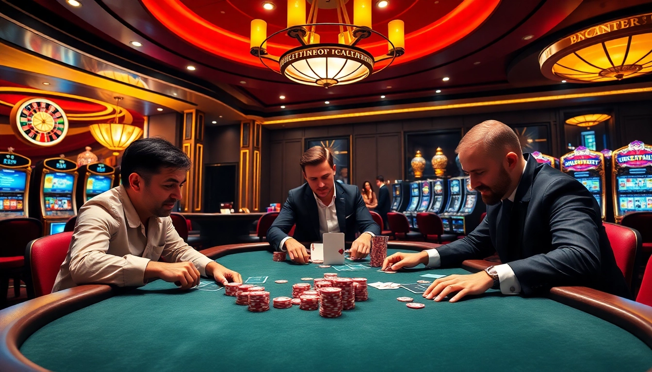 Engaged gamblers playing poker at https://hz882026.com/ amidst a vibrant casino atmosphere.