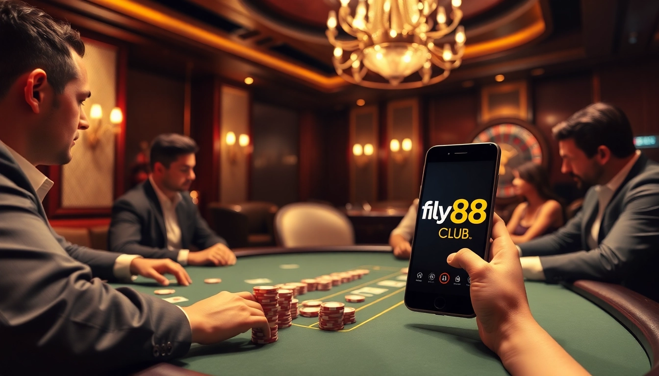 Experience the thrill of the fly888 club with vibrant poker chips and roulette wheels in a luxurious casino setting.