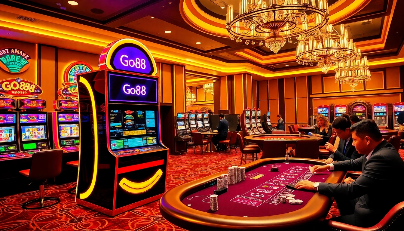 Experience the thrill of Go 88 gaming with vibrant slot machines and a high-stakes poker table.