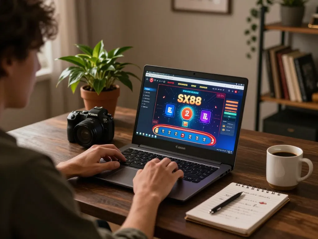 Engaging in online gaming at https://sx88.bio/ with laptop showing poker strategy, cozy home atmosphere