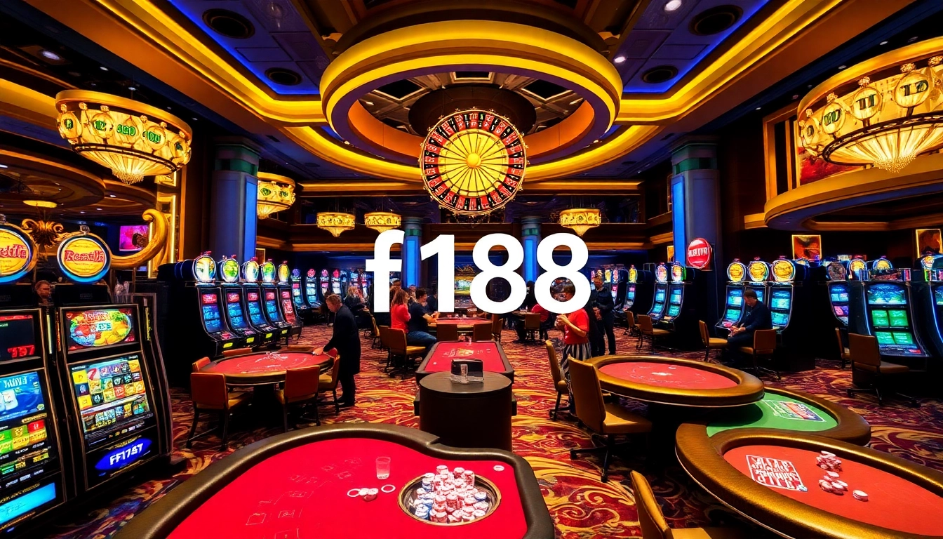 Excited players betting at f168 casino tables amidst colorful slot machines and vibrant lights.