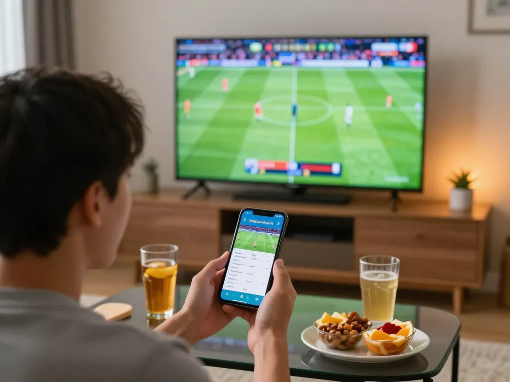 Engaged bettor checking kết quả bóng đá on smartphone during a live sports match.