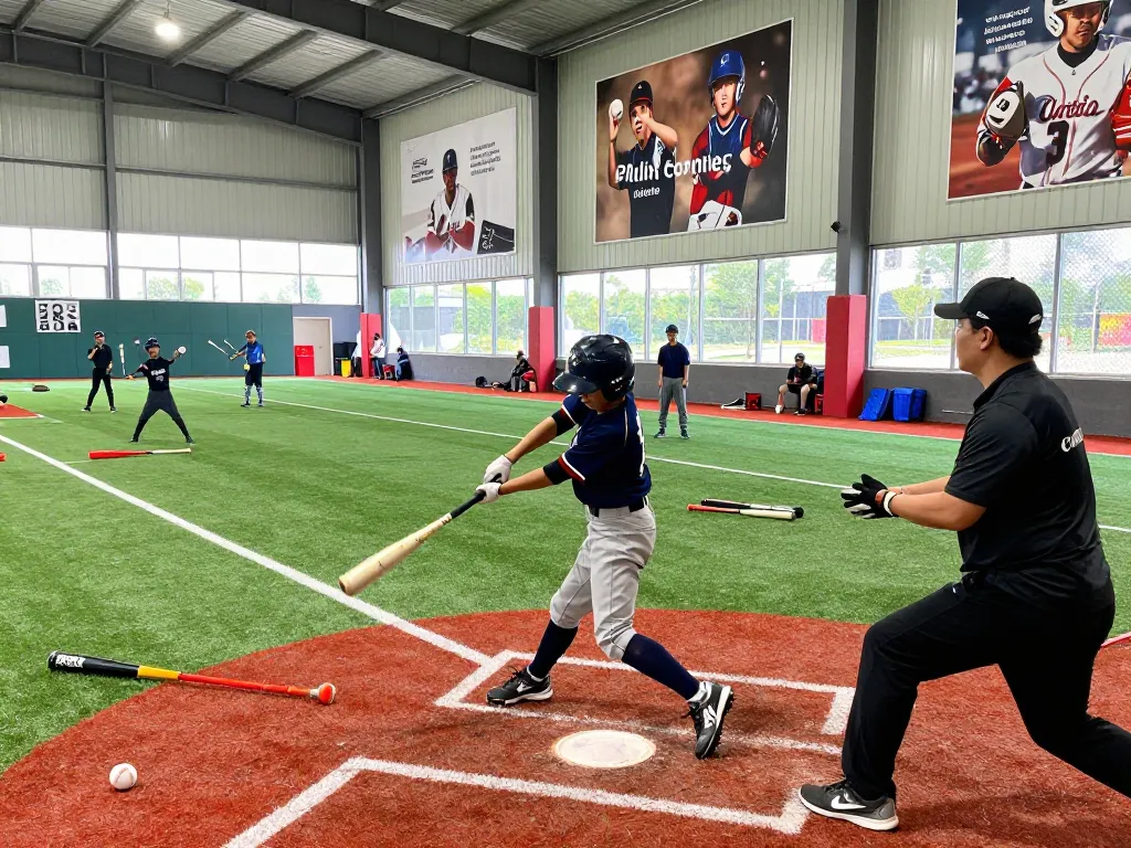 Young athletes training at hitclub baseball facility with coaches and equipment.
