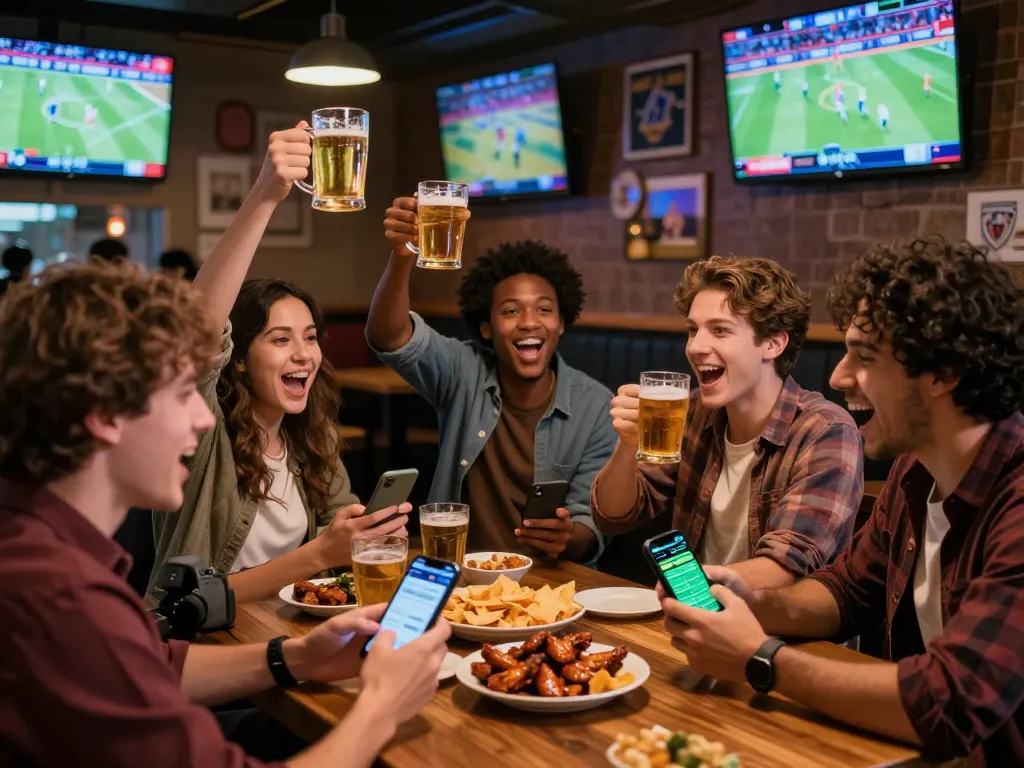 Friends enjoying a vibrant sports betting experience at a bar, celebrating victories with Vsbet app on their smartphones.