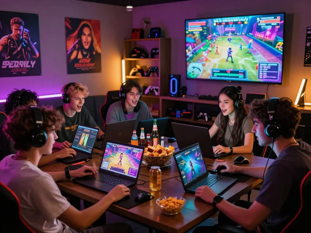 Friends enjoying multiplayer porn games in a vibrant gaming lounge with dynamic lighting.