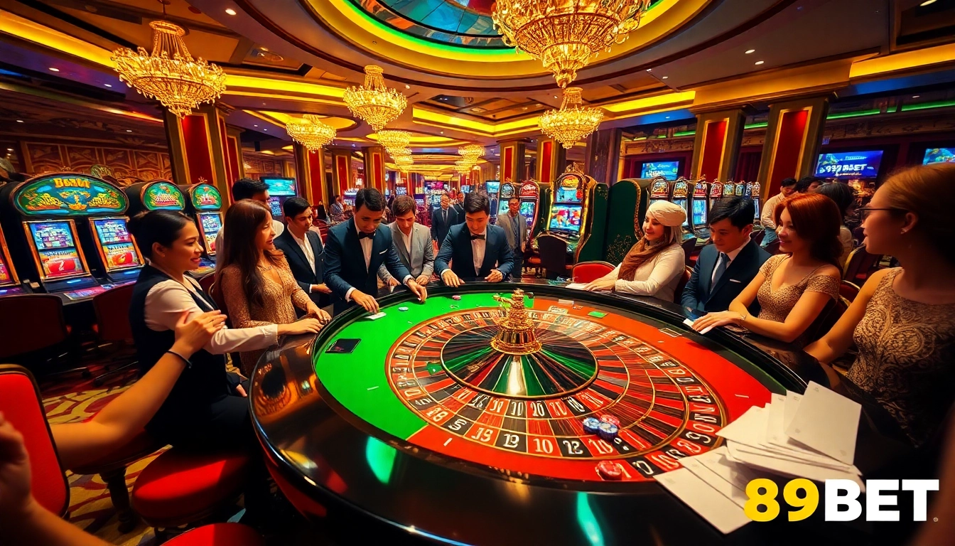 Players enjoying a thrilling roulette game at 89BET, showcasing excitement and luxury in a vibrant casino atmosphere.