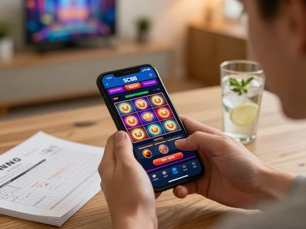 Players engaging with SC888 slot games on mobile app, illustrating vibrant gaming experience.